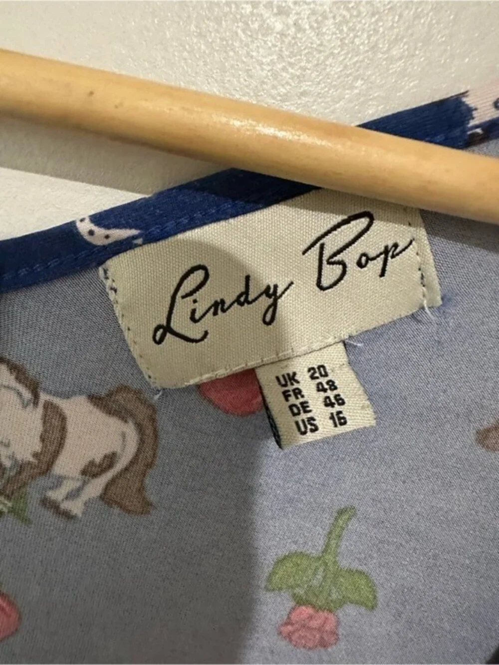Lindy Bop Horse Print Wrap Midi Dress Blue Retro Cottagecore US 16 - Picture 6 of 7